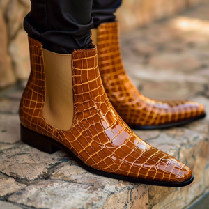 Tan Croc Print Leather Savino ride Slip On Chelsea Boots