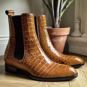 Tan Croc Print Leather Secondo ride Slip On Chelsea Boots