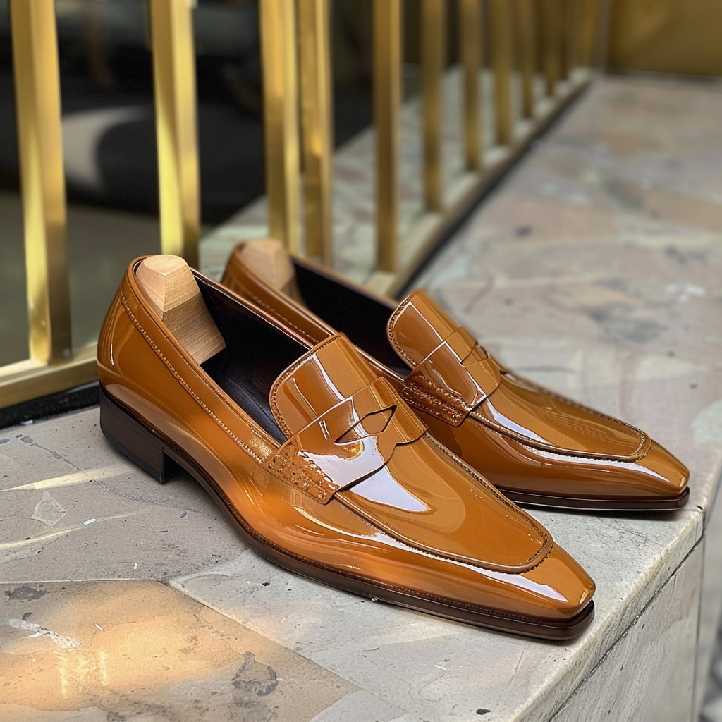 Tan Shiny Patent Leather Cono Slip On Pointed Loafer Shoe