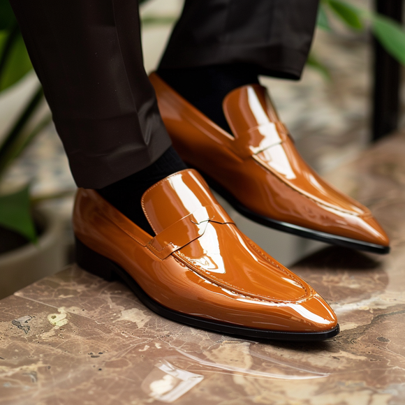 Tan Patent Leather Cristoforo Slip On Pointed Loafer Shoes