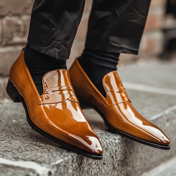 Tan Patent Leather Costantino Slip On Pointed Loafer Shoe