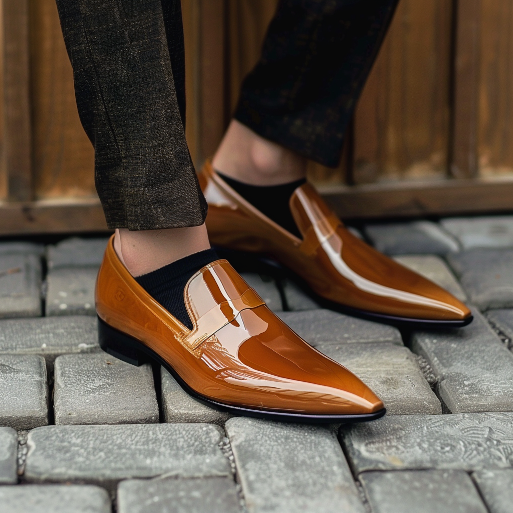 Tan Shiny Patent Leather Crescenzo Slip On Pointed Loafer Shoe