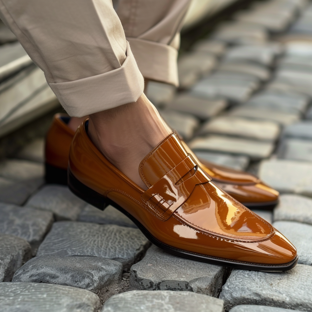 Tan Shiny Patent Leather Dario Slip On Pointed Loafer Shoes