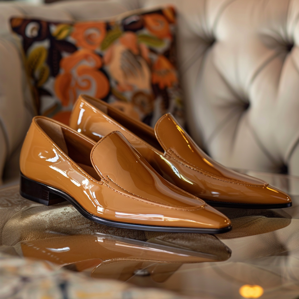 Tan Shiny Patent Leather Crispino Slip On Pointed Loafer Shoe