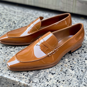 Tan Patent Leather Desiderio Slip On Pointed Loafer Shoes