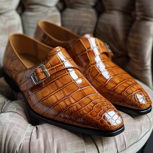 Tan Leather Giovanni Croc Print Monk Strap