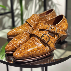 Tan Leather Giampiero Croc Print Monk Strap