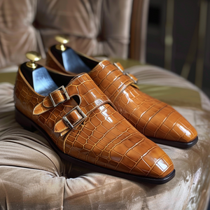 Tan Leather Giancarlo Croc Print Monk Strap