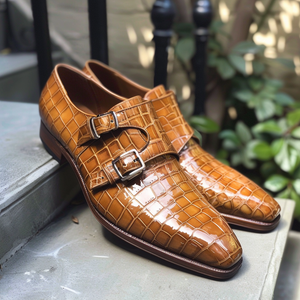 Tan Leather Gianfranco Croc Print Monk Strap