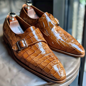 Tan Leather Gianmarco Croc Print Monk Strap