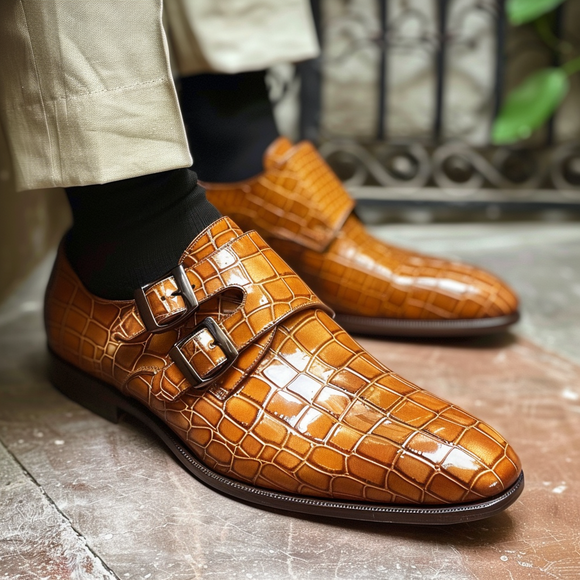 Tan Leather Gianni Croc Print Monk Strap