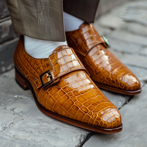 Tan Leather Gilberto Croc Print Monk Strap