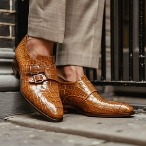 Tan Leather Gioacchino Croc Print Monk Strap