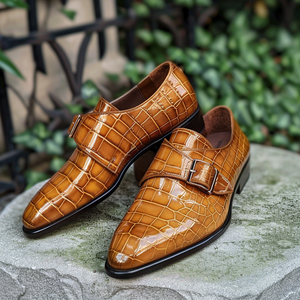 Tan Leather Giorgio Croc Print Monk Strap