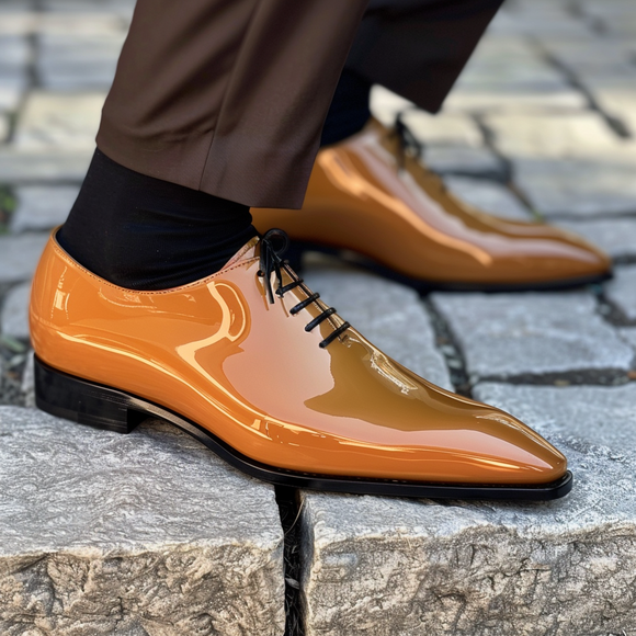 Tan Patent Leather Ermete Lace-Up Pointed Oxford Shoes