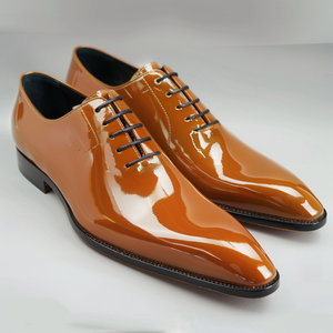 Tan Patent Leather Ettore Lace-Up Pointed Oxford Shoes