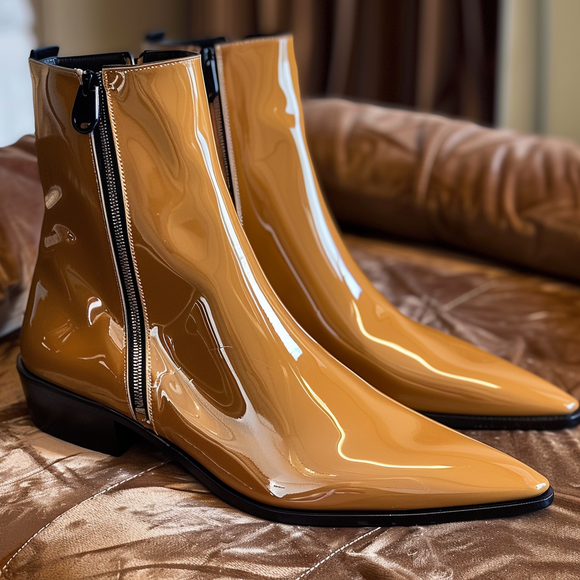 Tan Patent Leather Fisico Slip-On Pointed Zipper Boots