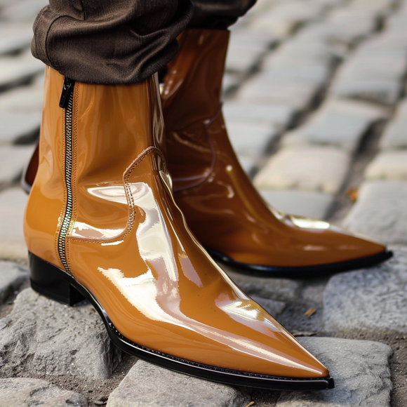 Tan Patent Leather Fortunato Slip-On Pointed Zipper Boots