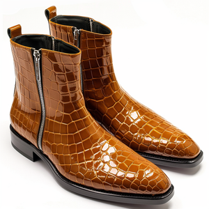 Tan Croc Print Leather Rodolfo Slip On Zipper Boots