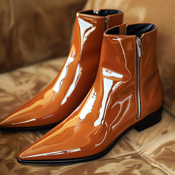 Tan Patent Leather Franco Slip-On Pointed Zipper Boots