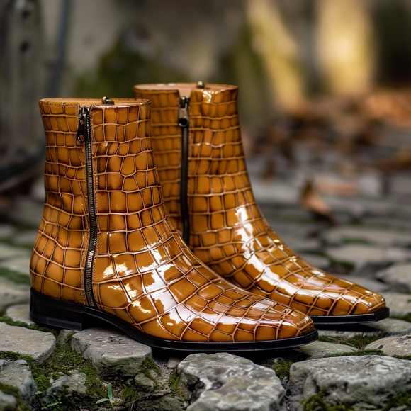 Tan Croc Print Leather Romolo Slip On Zipper Boots