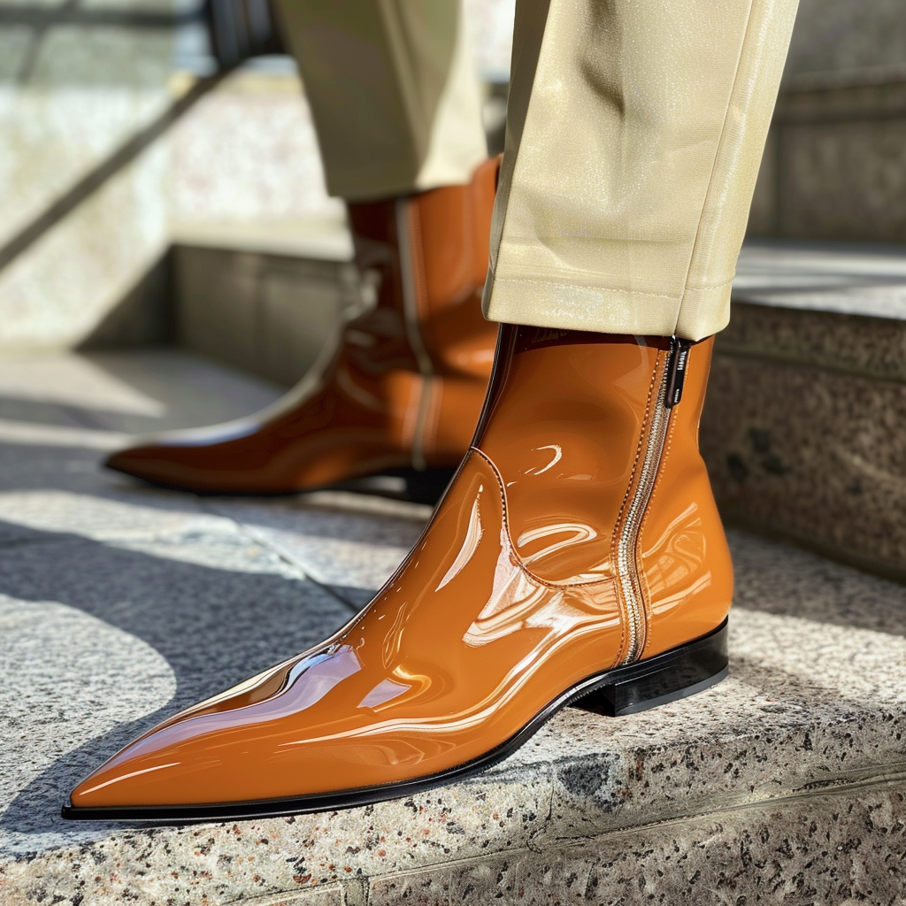 Tan Shiny Patent Leather Fulgenzio Slip-On Pointed Zipper Boots
