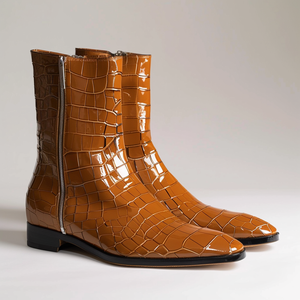 Tan Croc Print Leather Romano Slip On Zipper Boots