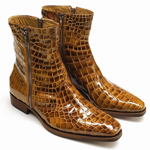 Tan Croc Print Leather Romolo Slip On Zipper Boots