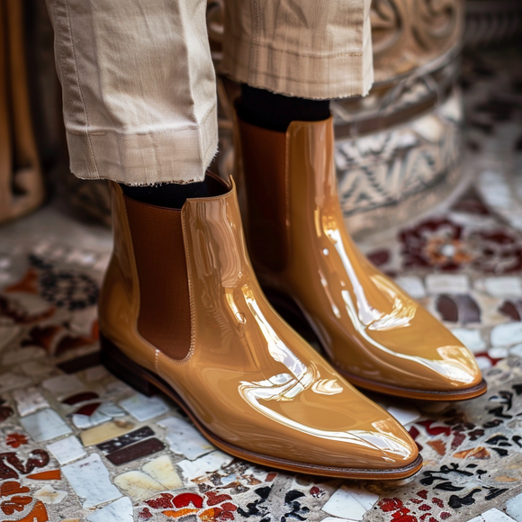 Tan Patent Leather Berto Slip On Pointed Chelsea Boots