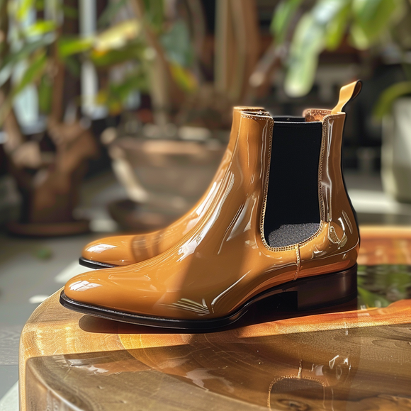 Tan Patent Leather Bonaventura Slip On Pointed Chelsea Boots