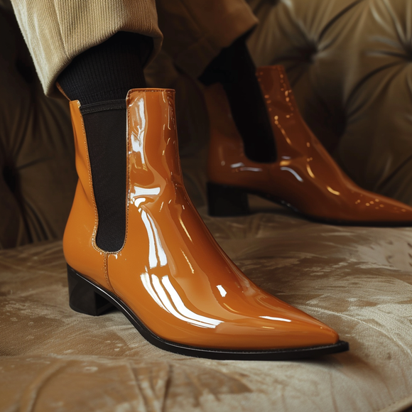 Tan Patent Leather Biagio Slip On Pointed Chelsea Boots