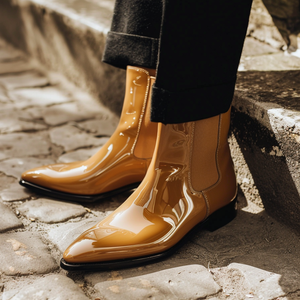 Tan Patent Leather Bonifacio Slip On Pointed Chelsea Boots