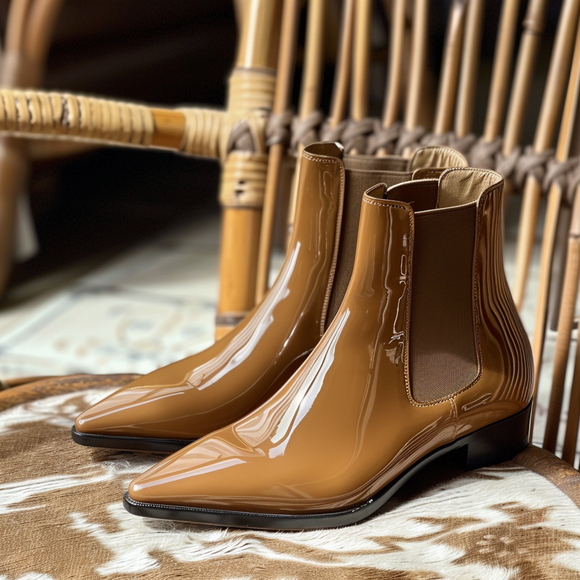 Tan Patent Leather Brunetto Slip On Pointed Chelsea Boots