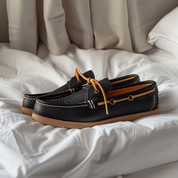 Black Giulio Boat Shoes with Tan Sole