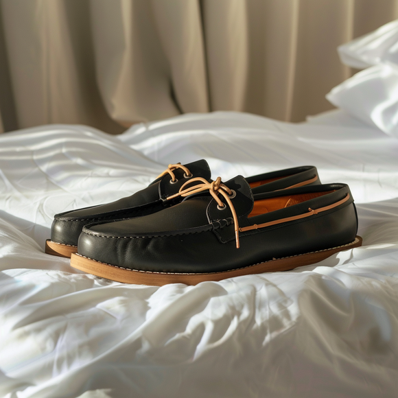 Black Ivano Boat Shoes with Tan Sole