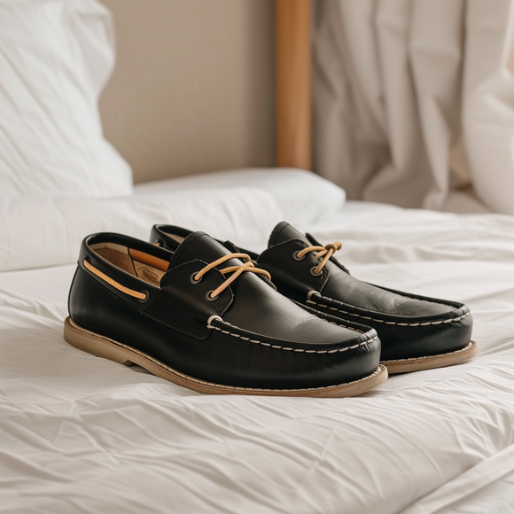 Black Lamberto Boat Shoes with Tan Sole