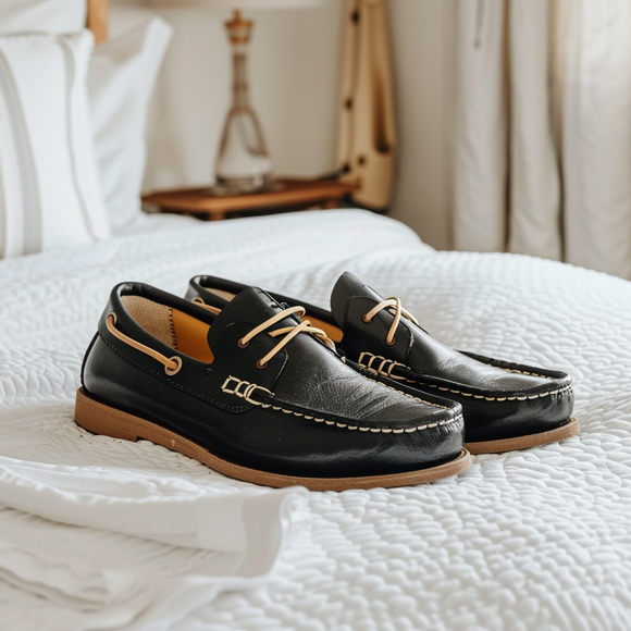 Black Leonardo Boat Shoes with Tan Sole