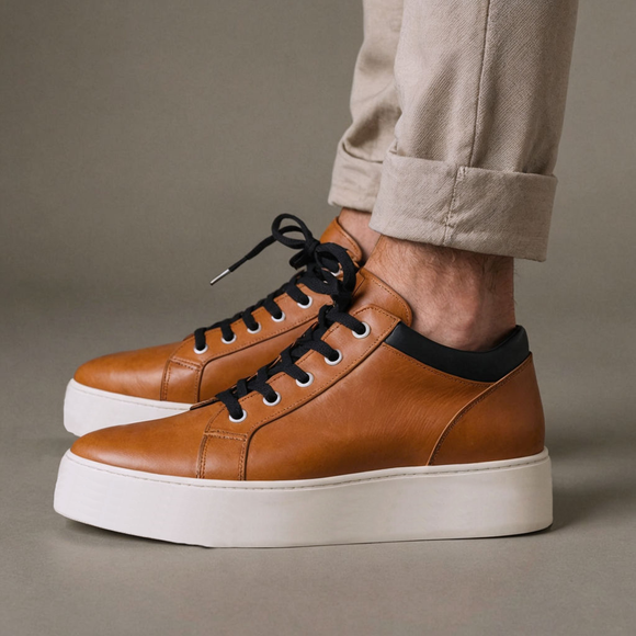 Tan Leather Dario With Thick White Sole Sneakers