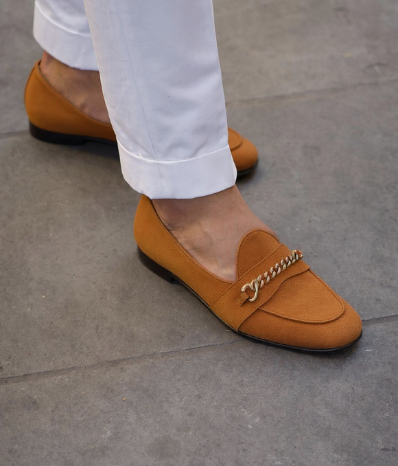 Tan Suede Leather Guida Loafers With Chain