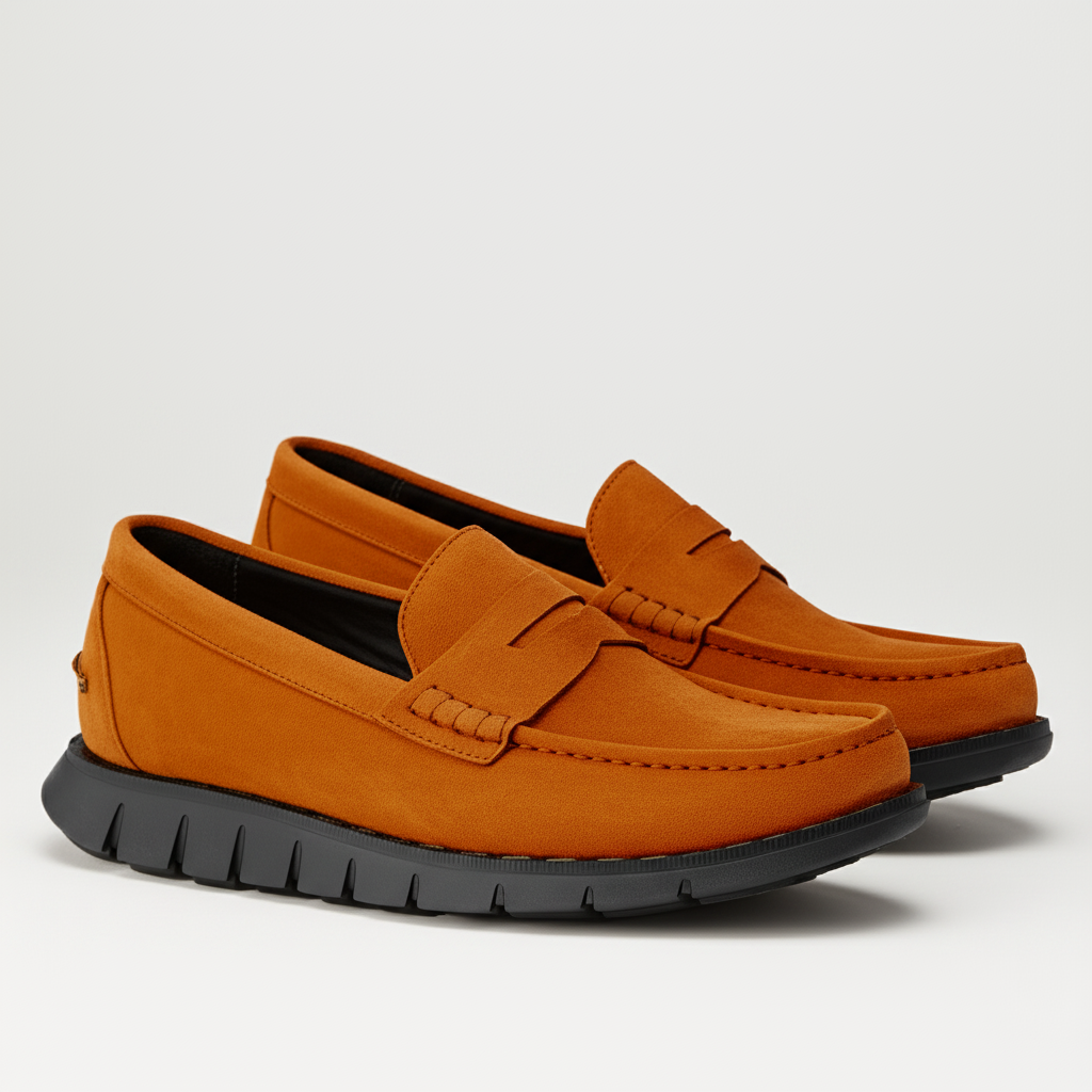 Tan Suede Leather Evarado Penny Loafers with Black Hybrid Sole - SS23