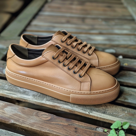 Tan Leather Secondo Lace-Up Sneakers With Honey Colour Sole