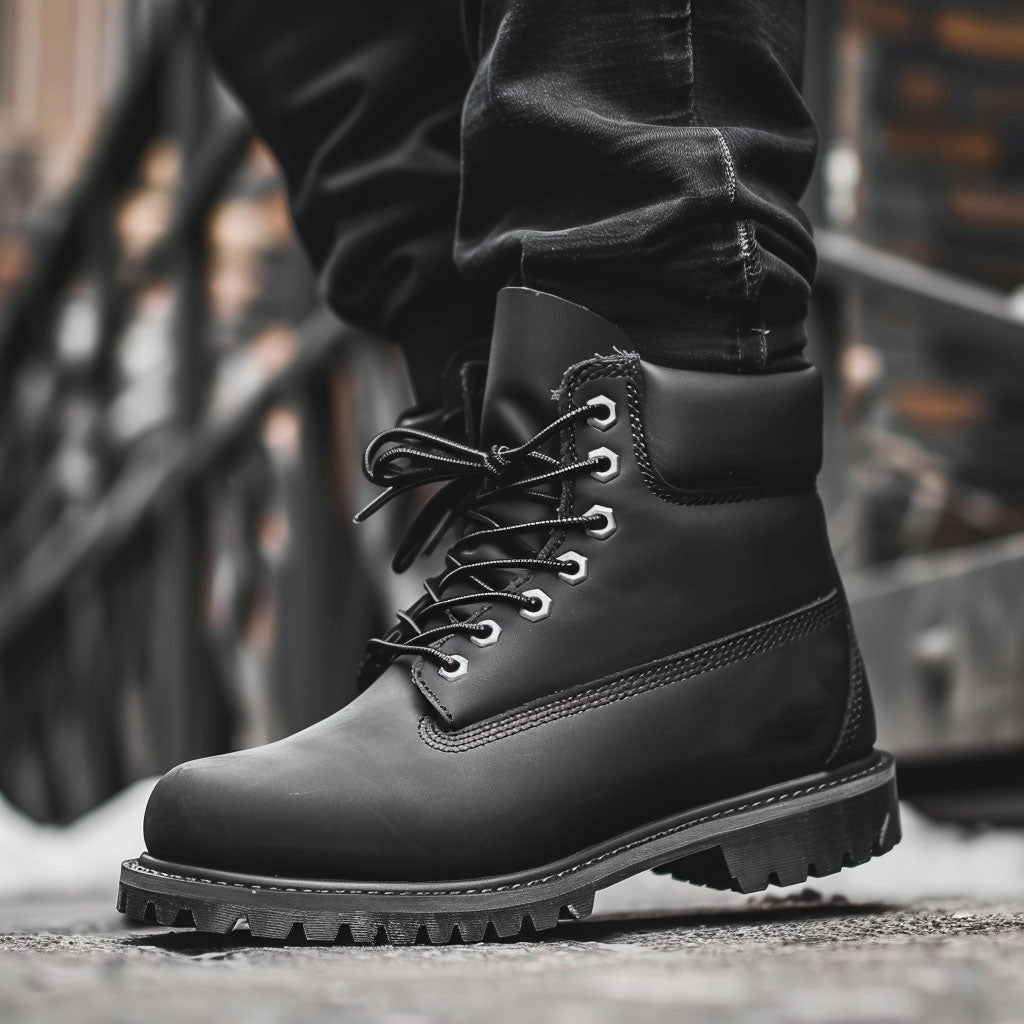 Luxury Edition - Artisian Made Black Italian Leather Alba Ankle Rugged Lace Up Combat Hiking Boots with Chunky Track Sole