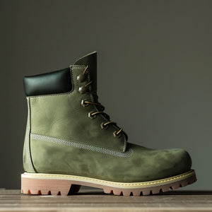 Green Leather Amico Ankle Rugged Lace Up Combat Hiking Boots with Chunky Track Sole