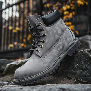 Luxury Edition - Artisian Made Grey Italian Leather Anello Ankle Rugged Lace Up Combat Hiking Boots with Chunky Track Sole