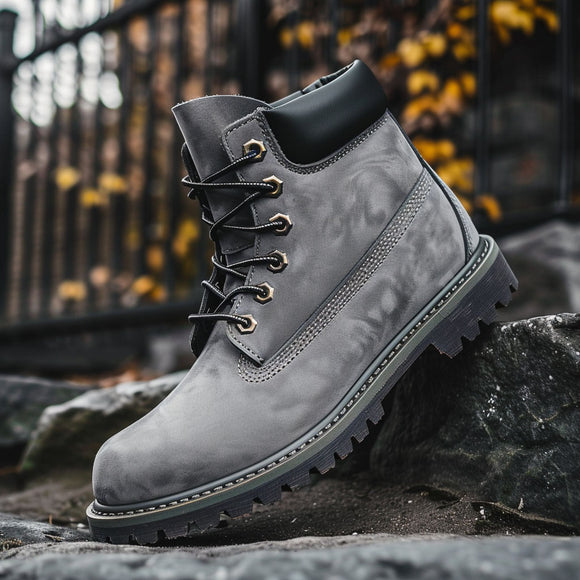 Grey Leather Anello Ankle Rugged Lace Up Combat Hiking Boots with Chunky Track Sole