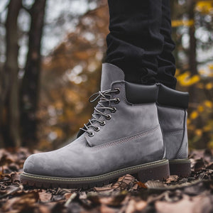 Luxury Edition - Artisian Made Grey Italian Leather Anima Ankle Rugged Lace Up Combat Hiking Boots with Chunky Track Sole