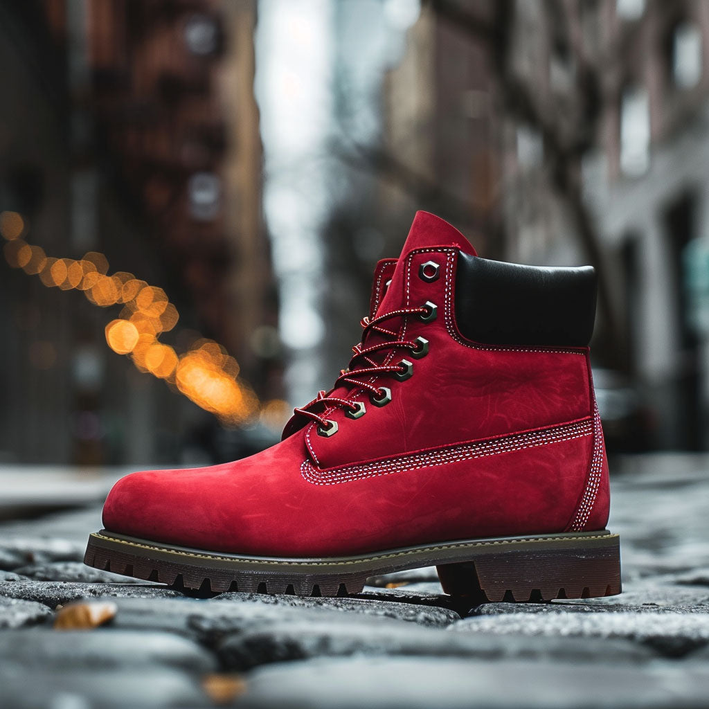 Red Leather Anziano Ankle Rugged Lace Up Combat Hiking Boots with Chunky Track Sole