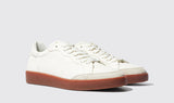 White Leather Crystal Cushion Lace-Up Sneakers With Honey Colour Sole