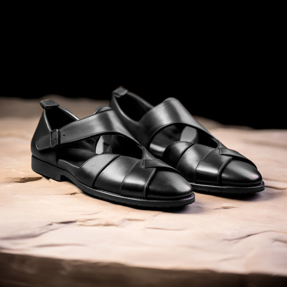 Black Leather Peshawari Loafers | Wedding Shoes for Groom | Shoes for Haldi Mehendi Sangeet