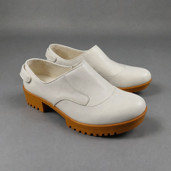 White Leather Relaxed Stride Mule Loafers With Honey Sole  - Summer 2024 Collection